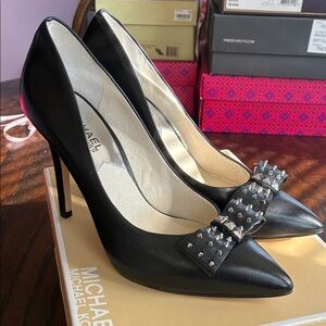 Michael Kors Black Studded Bow Pointed-Toe Pumps